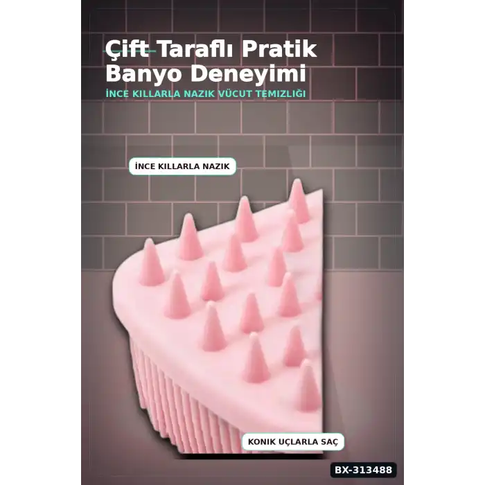 Çift Taraflı Silikon Banyo Masaj Fırçası - Saç Derisi Yatıştırıcı Taraklı 1 Adet BX-313488