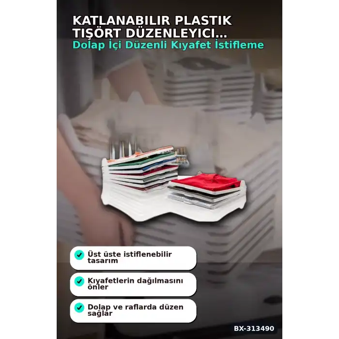 Katlanabilir Plastik Tişört Düzenleyici Aparat - 1 Adet, Dolap İçi Organizer BX-313490