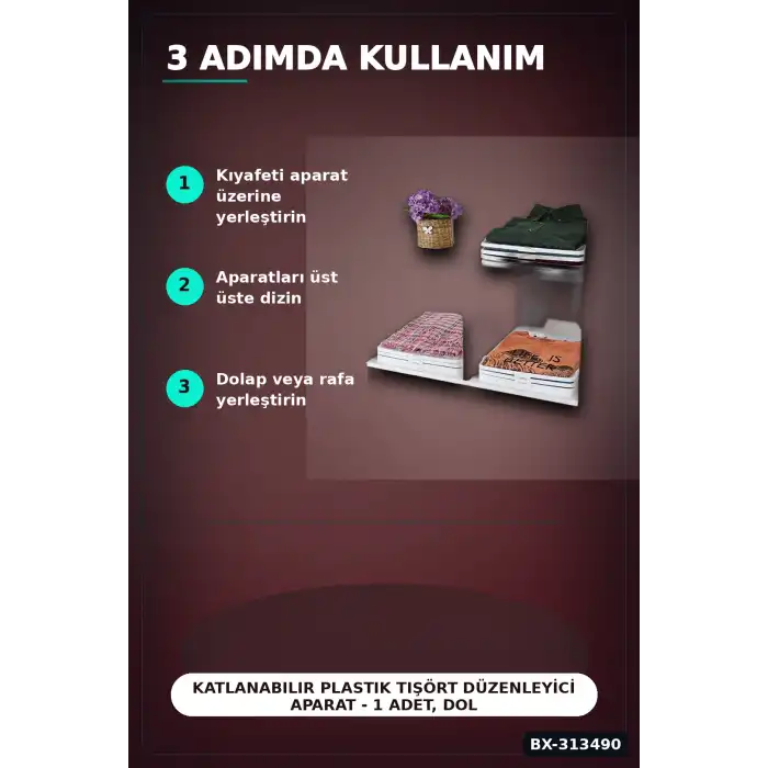 Katlanabilir Plastik Tişört Düzenleyici Aparat - 1 Adet, Dolap İçi Organizer BX-313490