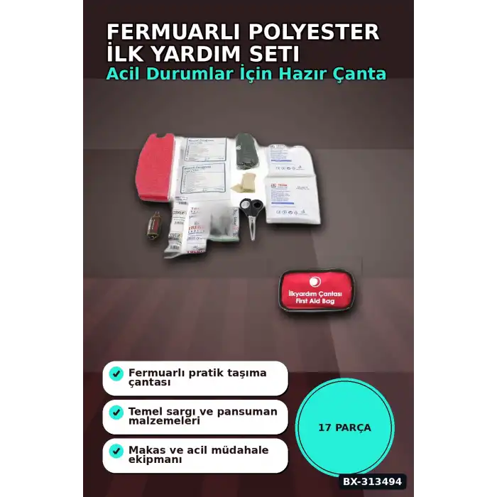 Fermuarlı Polyester Çantalı 17 Parça Acil İlk Yardım Seti Araba Ev Ofis BX-313494