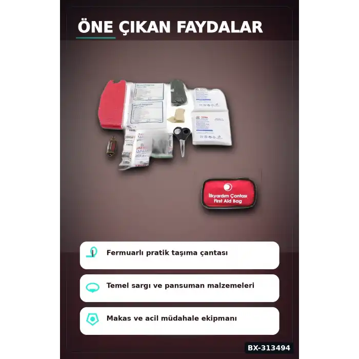 Fermuarlı Polyester Çantalı 17 Parça Acil İlk Yardım Seti Araba Ev Ofis BX-313494