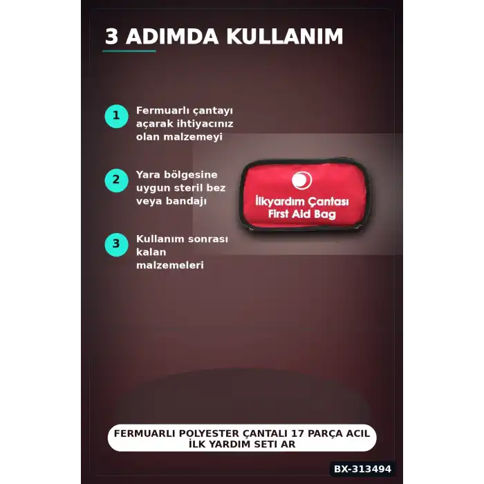 Fermuarlı Polyester Çantalı 17 Parça Acil İlk Yardım Seti Araba Ev Ofis BX-313494