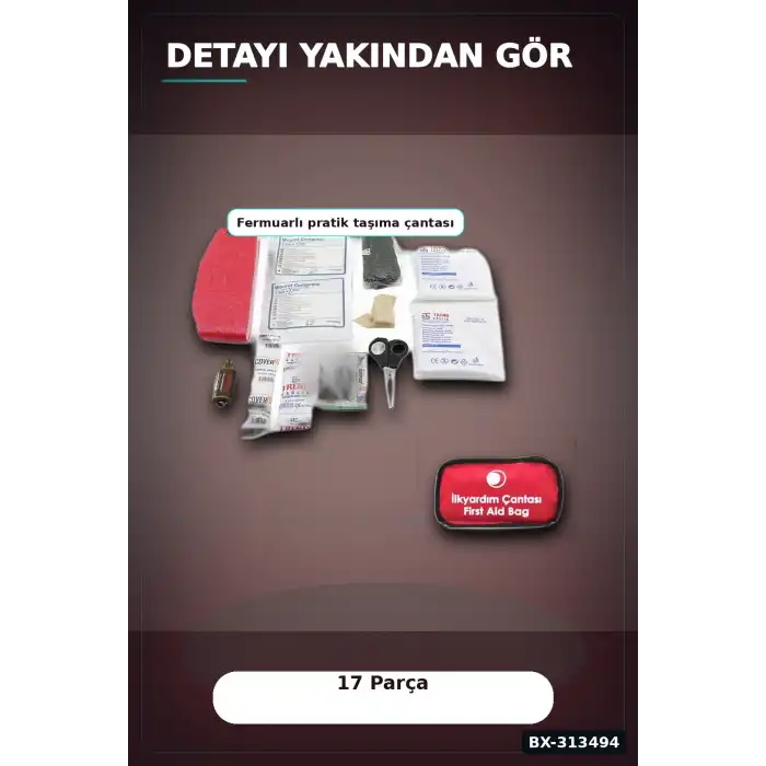 Fermuarlı Polyester Çantalı 17 Parça Acil İlk Yardım Seti Araba Ev Ofis BX-313494