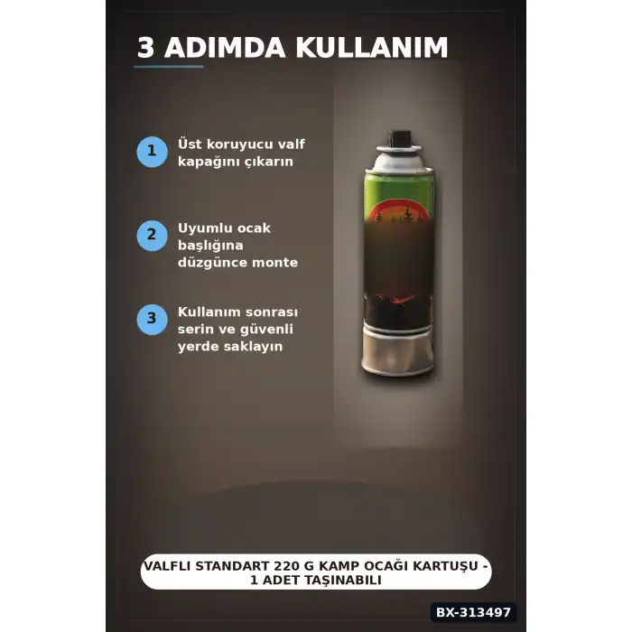 Valfli Standart 220 g Kamp Ocağı Kartuşu - 1 Adet Taşınabilir Doğa Gazı BX-313497