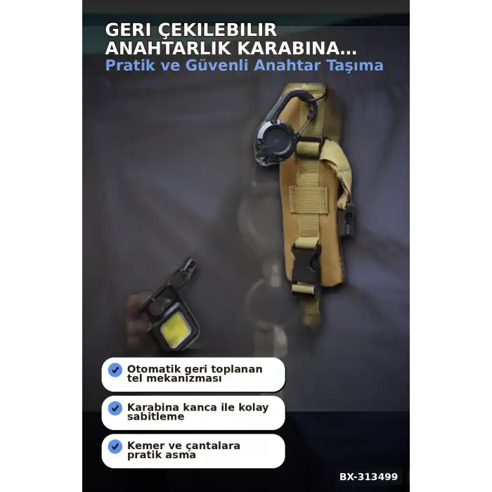 Geri Çekilebilir Çelik Halatlı Anahtarlık 68 cm - Karabina Kancalı Kemer Aksesuarı BX-313499