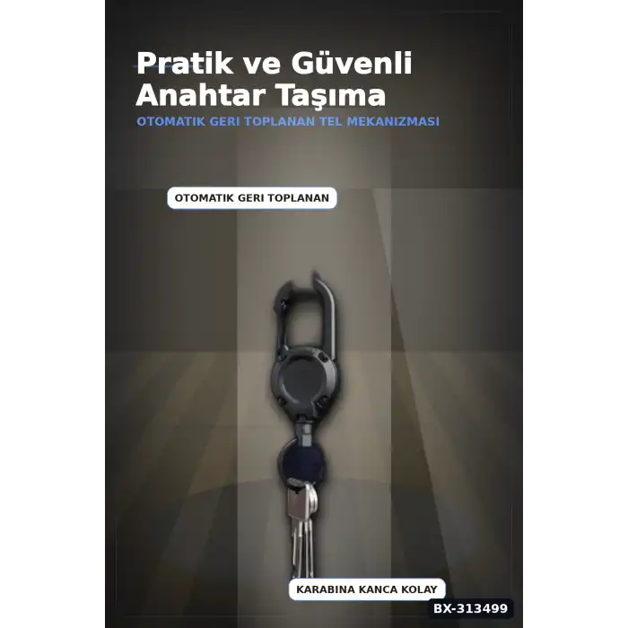 Geri Çekilebilir Çelik Halatlı Anahtarlık 68 cm - Karabina Kancalı Kemer Aksesuarı BX-313499
