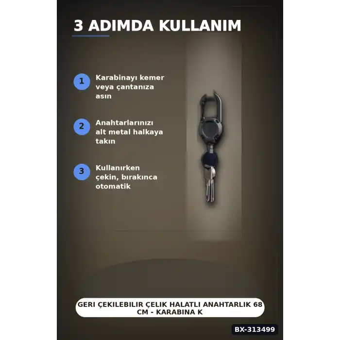 Geri Çekilebilir Çelik Halatlı Anahtarlık 68 cm - Karabina Kancalı Kemer Aksesuarı BX-313499
