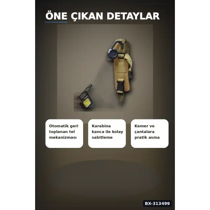 Geri Çekilebilir Çelik Halatlı Anahtarlık 68 cm - Karabina Kancalı Kemer Aksesuarı BX-313499
