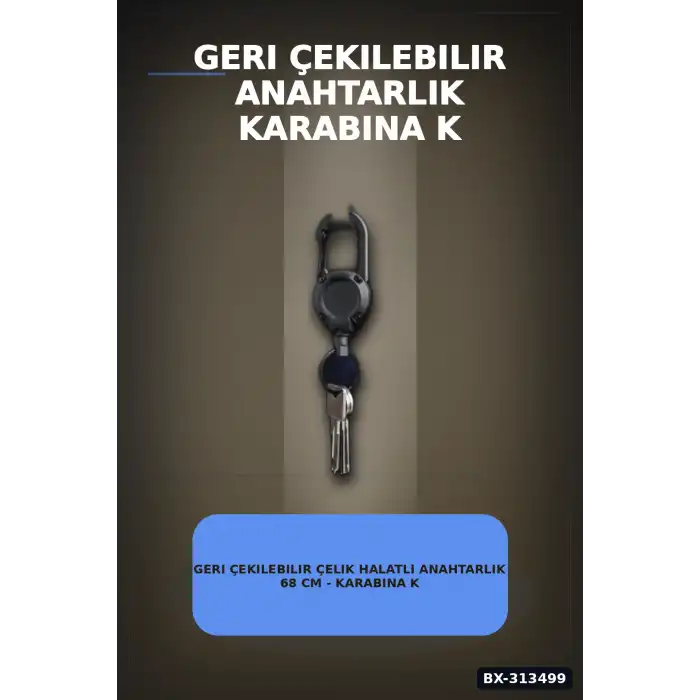 Geri Çekilebilir Çelik Halatlı Anahtarlık 68 cm - Karabina Kancalı Kemer Aksesuarı BX-313499