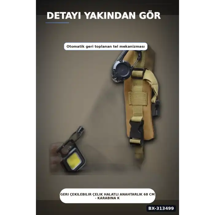 Geri Çekilebilir Çelik Halatlı Anahtarlık 68 cm - Karabina Kancalı Kemer Aksesuarı BX-313499