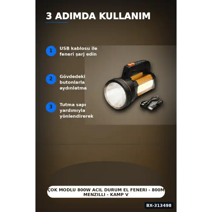 Çok Modlu 800W Acil Durum El Feneri - 800m Menzilli - Kamp Ve Doğa Aktiviteleri İçin BX-313498