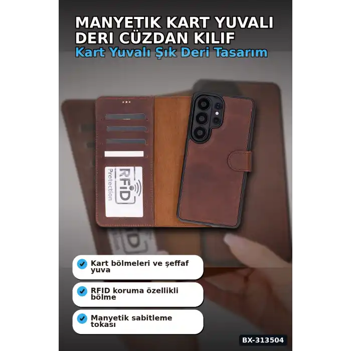 Manyetik Kart Yuvalı Deri Cüzdan Kılıf, Samsung Galaxy S26 Ultra İçin, RFID Korumalı BX-313504