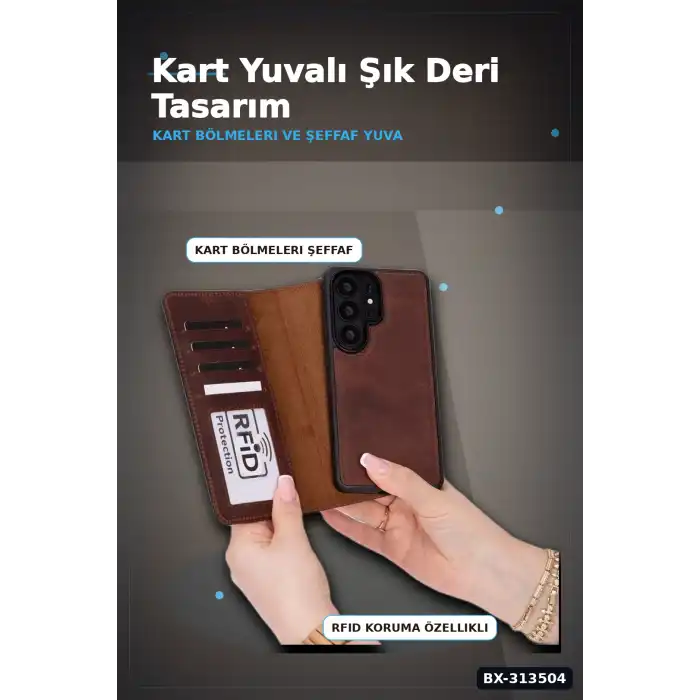 Manyetik Kart Yuvalı Deri Cüzdan Kılıf, Samsung Galaxy S26 Ultra İçin, RFID Korumalı BX-313504