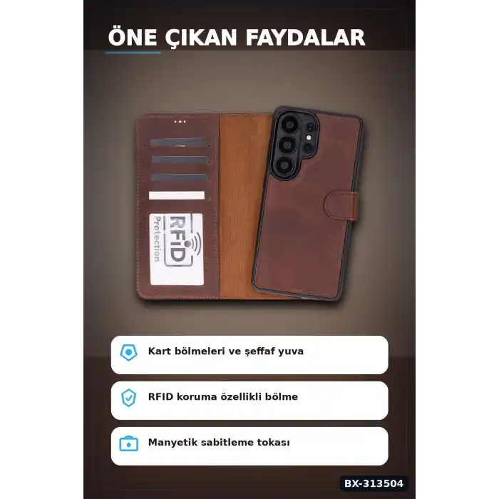 Manyetik Kart Yuvalı Deri Cüzdan Kılıf, Samsung Galaxy S26 Ultra İçin, RFID Korumalı BX-313504