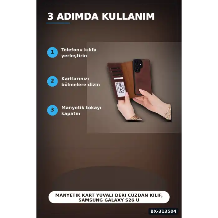 Manyetik Kart Yuvalı Deri Cüzdan Kılıf, Samsung Galaxy S26 Ultra İçin, RFID Korumalı BX-313504