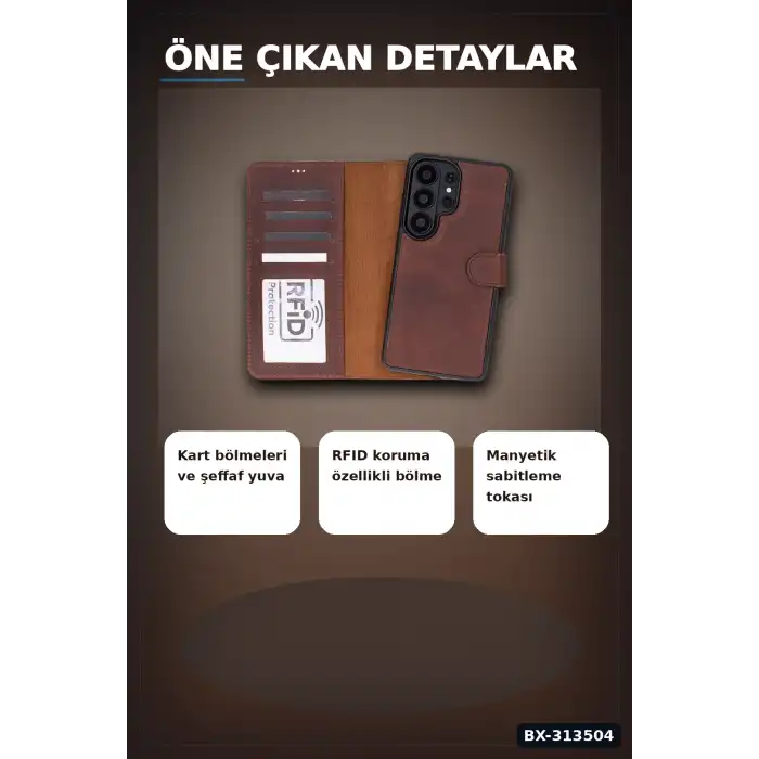 Manyetik Kart Yuvalı Deri Cüzdan Kılıf, Samsung Galaxy S26 Ultra İçin, RFID Korumalı BX-313504