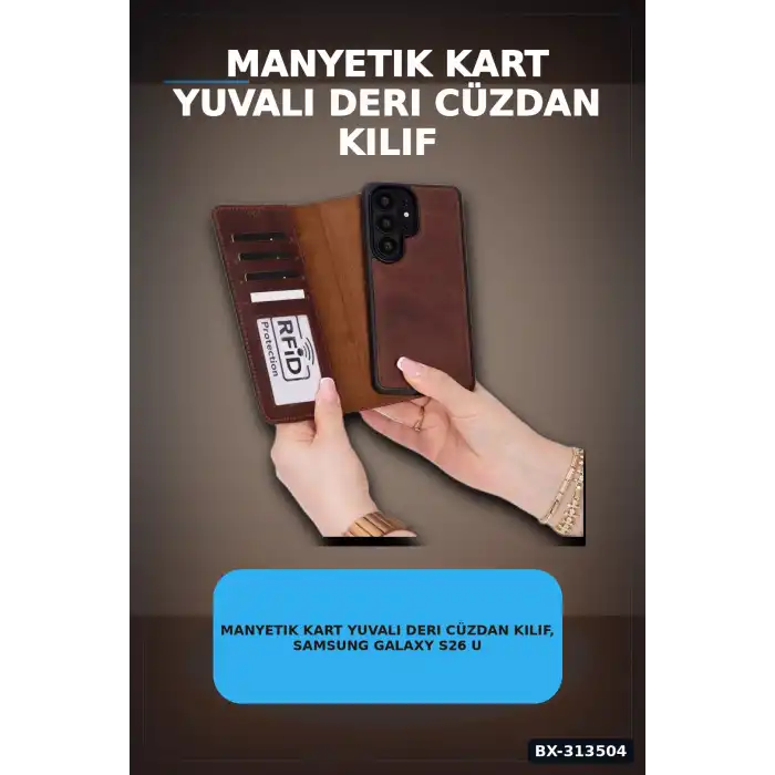 Manyetik Kart Yuvalı Deri Cüzdan Kılıf, Samsung Galaxy S26 Ultra İçin, RFID Korumalı BX-313504