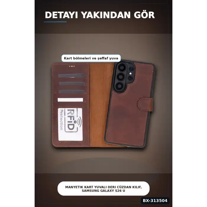 Manyetik Kart Yuvalı Deri Cüzdan Kılıf, Samsung Galaxy S26 Ultra İçin, RFID Korumalı BX-313504