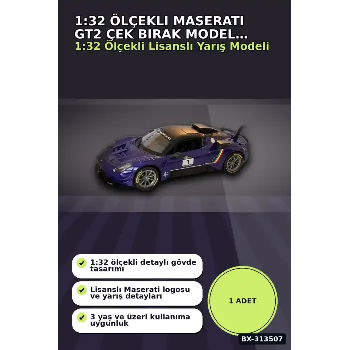 1:32 Ölçekli Maserati GT2 Çek Bırak Araba - Lisanslı Model, 1 Adet Oyuncak Araba BX-313507