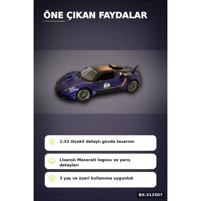 1:32 Ölçekli Maserati GT2 Çek Bırak Araba - Lisanslı Model, 1 Adet Oyuncak Araba BX-313507