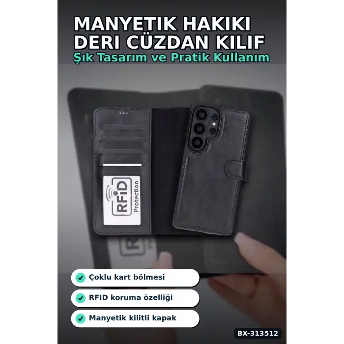 Manyetik Hakiki Deri Cüzdan Kılıf Samsung Galaxy S26 Ultra Uyumlu Kart Yuvalı 1 Adet BX-313512