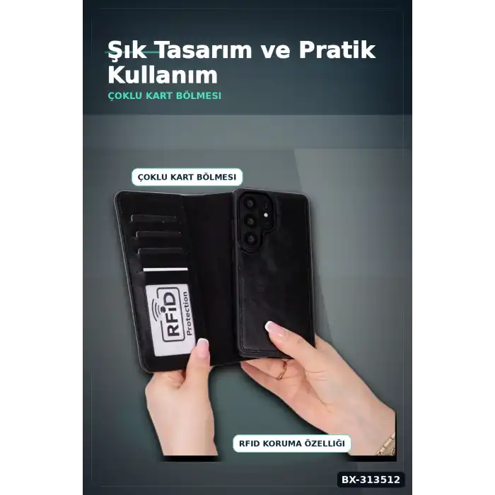 Manyetik Hakiki Deri Cüzdan Kılıf Samsung Galaxy S26 Ultra Uyumlu Kart Yuvalı 1 Adet BX-313512