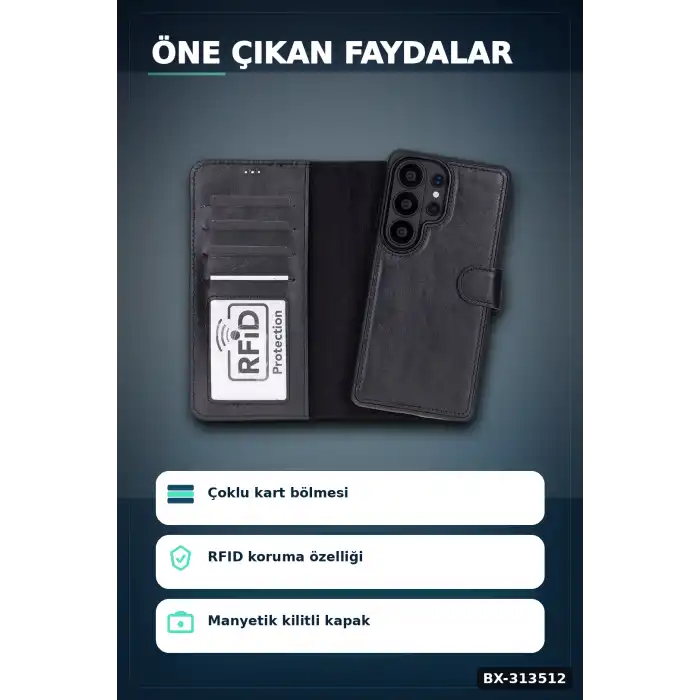Manyetik Hakiki Deri Cüzdan Kılıf Samsung Galaxy S26 Ultra Uyumlu Kart Yuvalı 1 Adet BX-313512