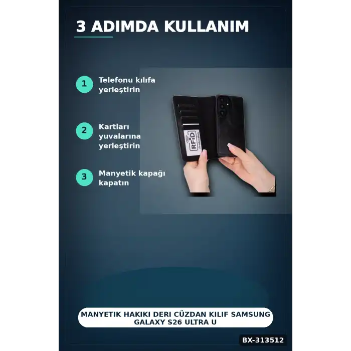 Manyetik Hakiki Deri Cüzdan Kılıf Samsung Galaxy S26 Ultra Uyumlu Kart Yuvalı 1 Adet BX-313512