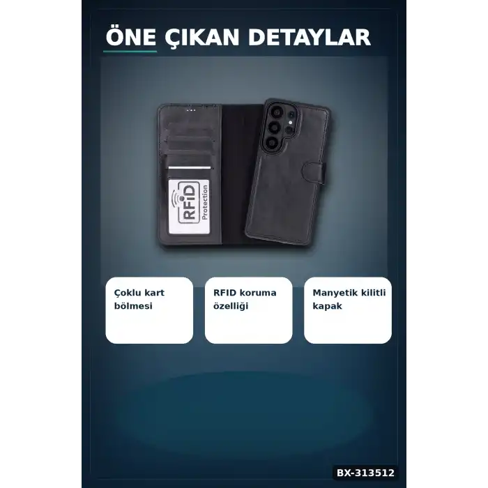 Manyetik Hakiki Deri Cüzdan Kılıf Samsung Galaxy S26 Ultra Uyumlu Kart Yuvalı 1 Adet BX-313512