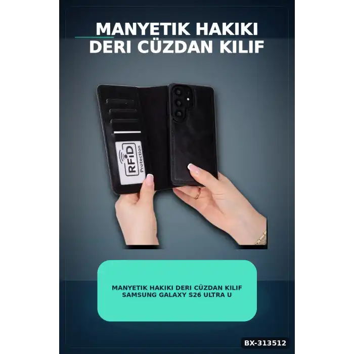 Manyetik Hakiki Deri Cüzdan Kılıf Samsung Galaxy S26 Ultra Uyumlu Kart Yuvalı 1 Adet BX-313512
