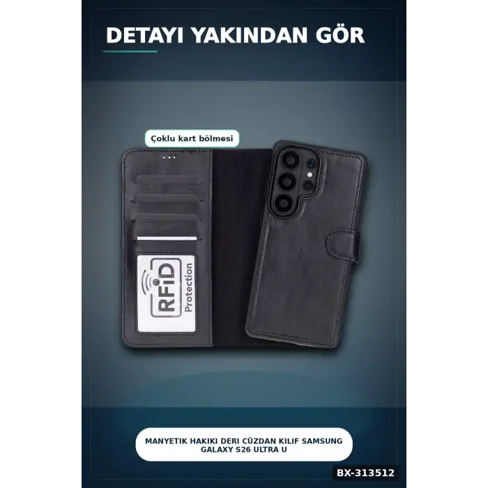Manyetik Hakiki Deri Cüzdan Kılıf Samsung Galaxy S26 Ultra Uyumlu Kart Yuvalı 1 Adet BX-313512