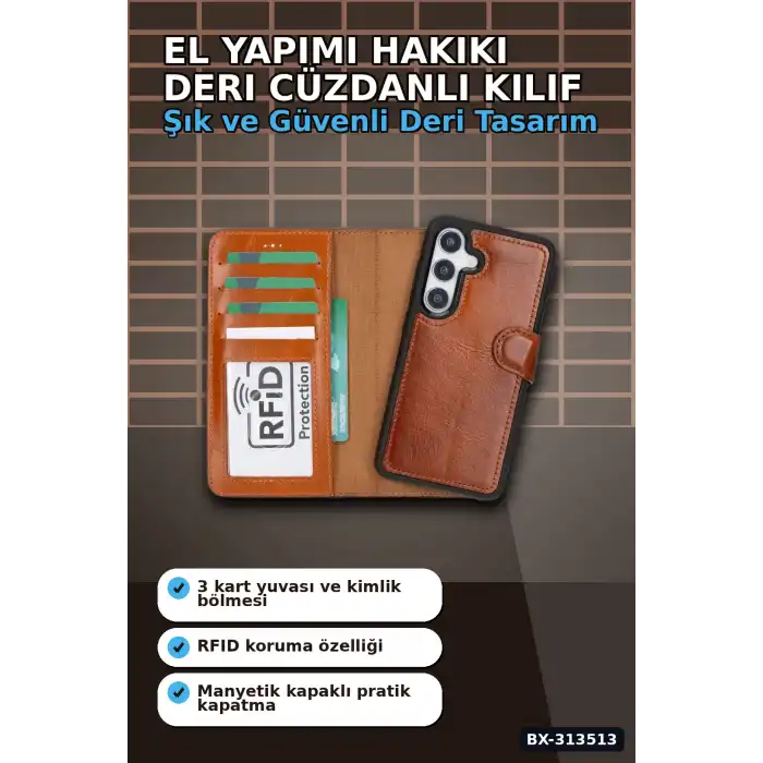 El Yapımı Hakiki Deri Cüzdanlı Kılıf - Samsung Galaxy S25 Uyumlu, Gölgeli Taba BX-313513
