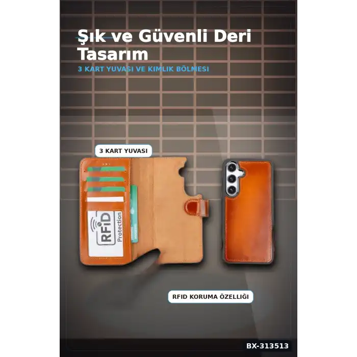 El Yapımı Hakiki Deri Cüzdanlı Kılıf - Samsung Galaxy S25 Uyumlu, Gölgeli Taba BX-313513