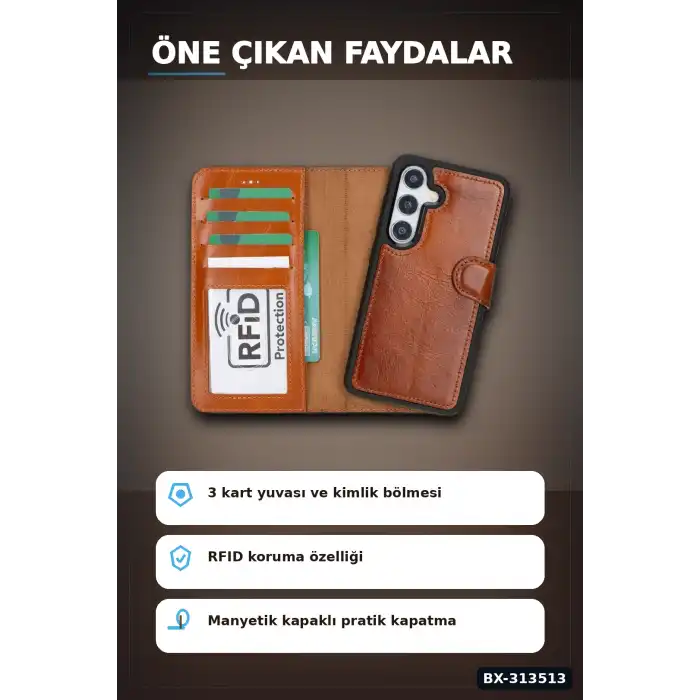 El Yapımı Hakiki Deri Cüzdanlı Kılıf - Samsung Galaxy S25 Uyumlu, Gölgeli Taba BX-313513