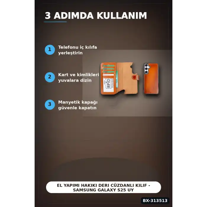 El Yapımı Hakiki Deri Cüzdanlı Kılıf - Samsung Galaxy S25 Uyumlu, Gölgeli Taba BX-313513