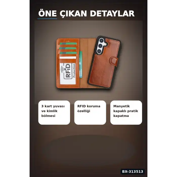 El Yapımı Hakiki Deri Cüzdanlı Kılıf - Samsung Galaxy S25 Uyumlu, Gölgeli Taba BX-313513