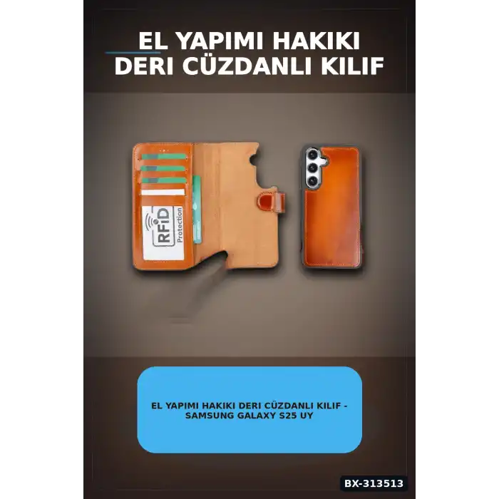 El Yapımı Hakiki Deri Cüzdanlı Kılıf - Samsung Galaxy S25 Uyumlu, Gölgeli Taba BX-313513