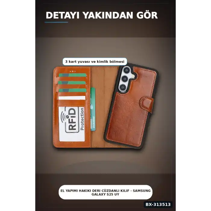 El Yapımı Hakiki Deri Cüzdanlı Kılıf - Samsung Galaxy S25 Uyumlu, Gölgeli Taba BX-313513