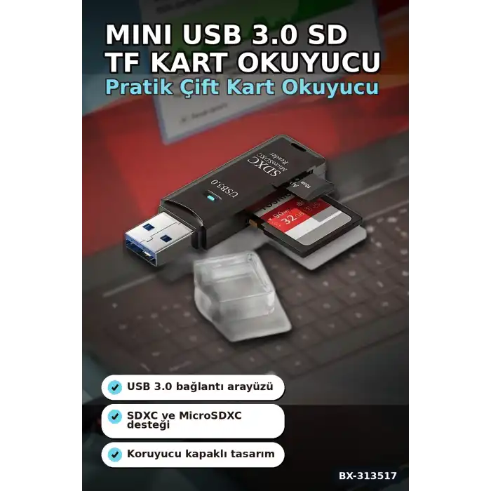 Mini Usb 3.0 Sd Tf Kart Okuyucu Hub Adaptör - 1 Adet Kompakt Veri Aktarıcı Pc Tablet İçin BX-313517