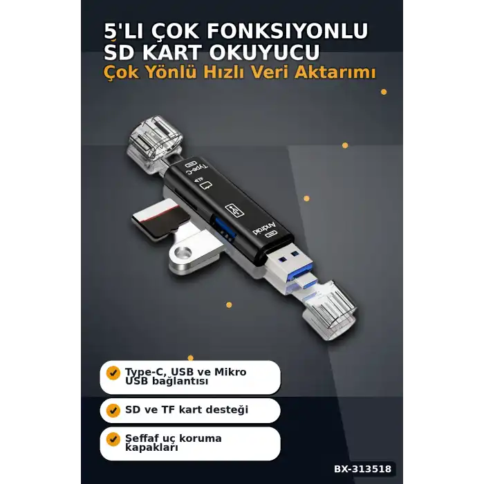 Tip-C Micro Usb Girişli 5li Çok Fonksiyonlu Sd Kart Okuyucu Otg Dönüştürücü BX-313518