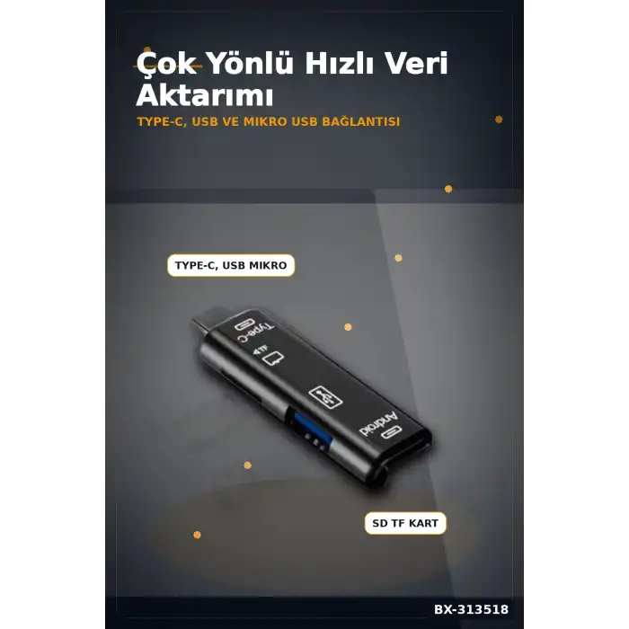 Tip-C Micro Usb Girişli 5li Çok Fonksiyonlu Sd Kart Okuyucu Otg Dönüştürücü BX-313518