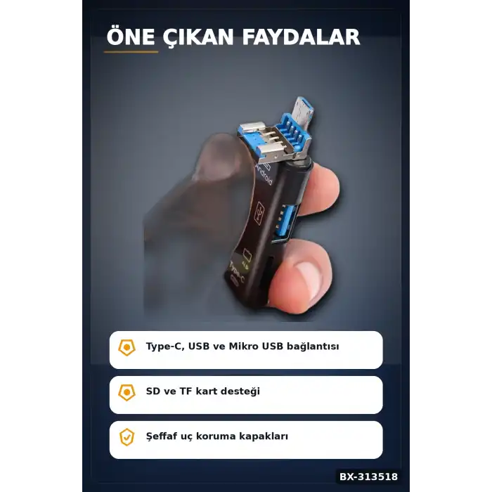 Tip-C Micro Usb Girişli 5li Çok Fonksiyonlu Sd Kart Okuyucu Otg Dönüştürücü BX-313518