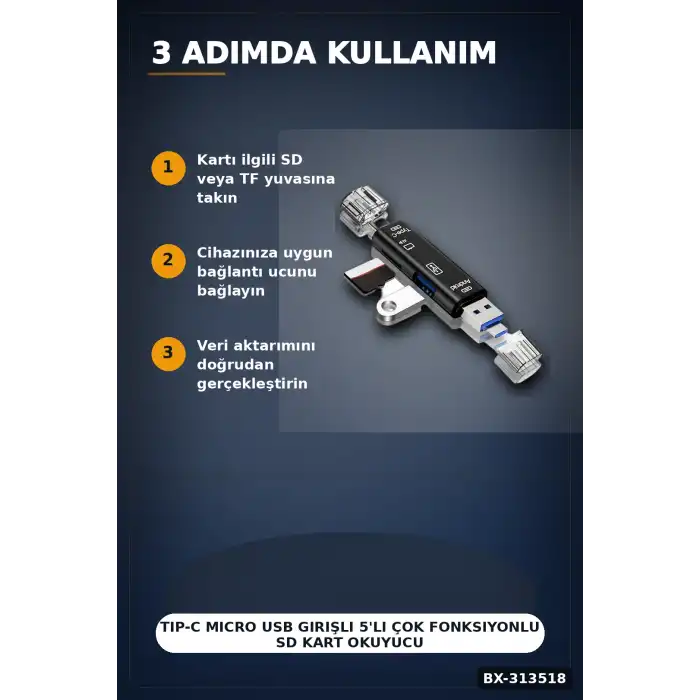 Tip-C Micro Usb Girişli 5li Çok Fonksiyonlu Sd Kart Okuyucu Otg Dönüştürücü BX-313518