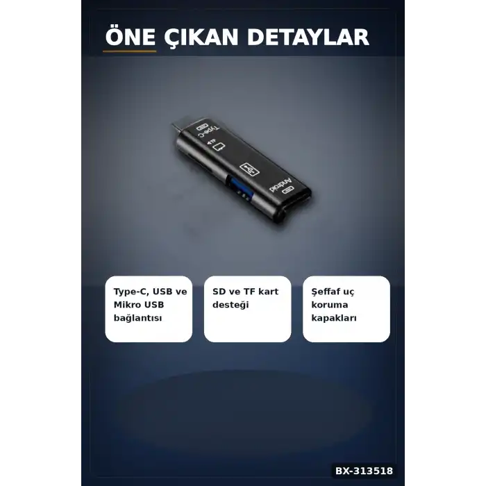 Tip-C Micro Usb Girişli 5li Çok Fonksiyonlu Sd Kart Okuyucu Otg Dönüştürücü BX-313518