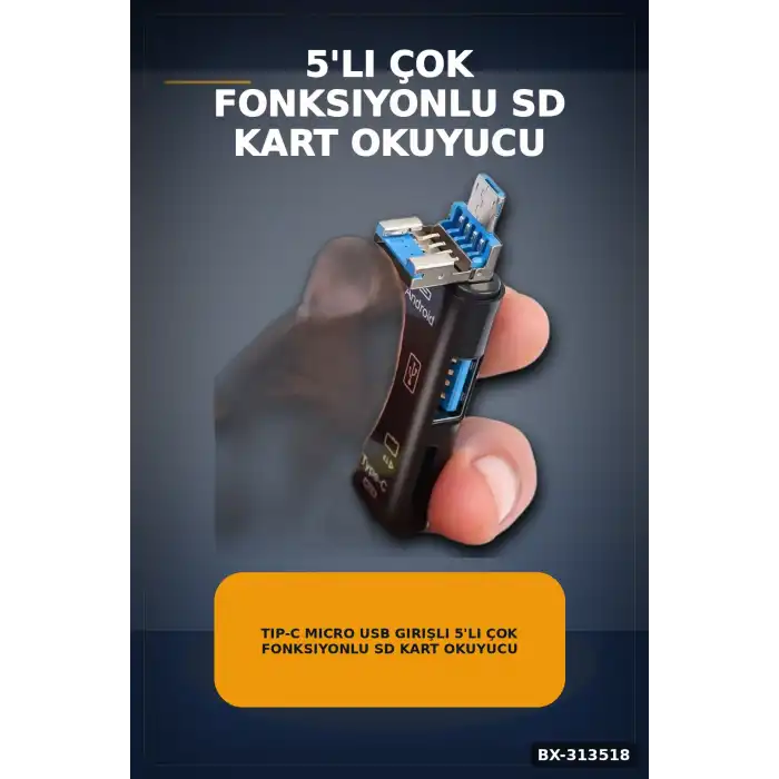 Tip-C Micro Usb Girişli 5li Çok Fonksiyonlu Sd Kart Okuyucu Otg Dönüştürücü BX-313518