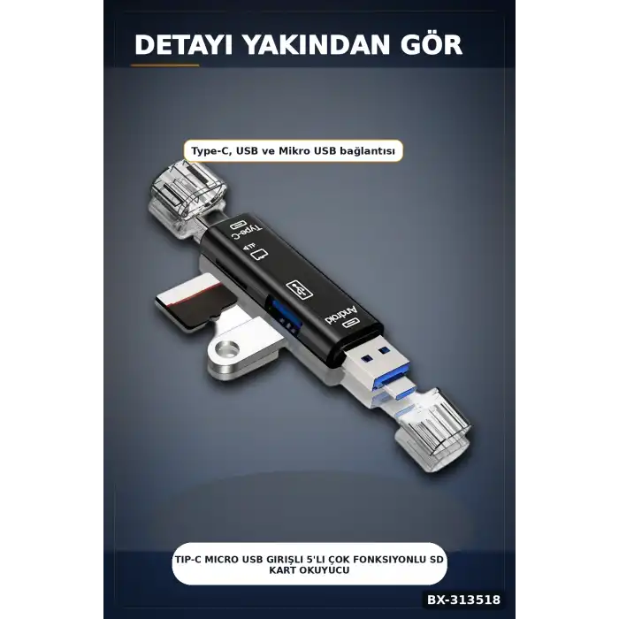 Tip-C Micro Usb Girişli 5li Çok Fonksiyonlu Sd Kart Okuyucu Otg Dönüştürücü BX-313518