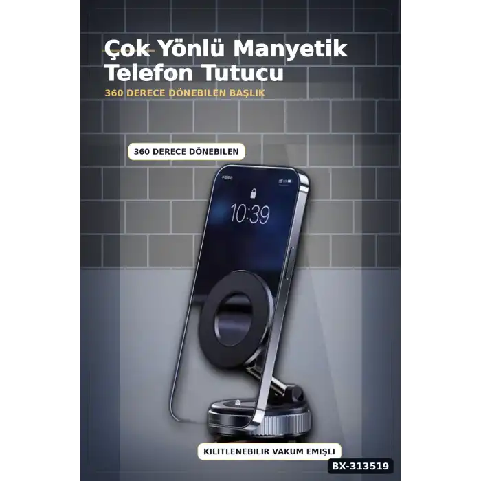Vakumlu Emişli 360 Derece Döner Manyetik Telefon Tutucu - Güçlü Mıknatıslı Araba Masaüstü BX-313519