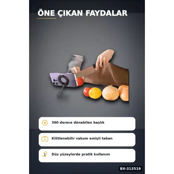 Vakumlu Emişli 360 Derece Döner Manyetik Telefon Tutucu - Güçlü Mıknatıslı Araba Masaüstü BX-313519