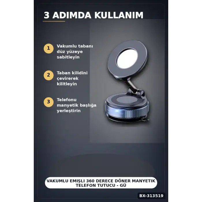 Vakumlu Emişli 360 Derece Döner Manyetik Telefon Tutucu - Güçlü Mıknatıslı Araba Masaüstü BX-313519