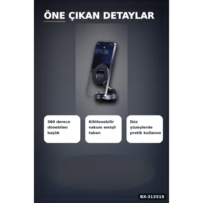 Vakumlu Emişli 360 Derece Döner Manyetik Telefon Tutucu - Güçlü Mıknatıslı Araba Masaüstü BX-313519